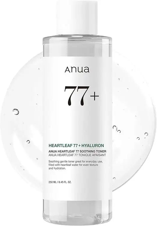 Anua 77+ Heartleaf 77 hyaluronic soothing toner bottle, clear liquid skincare product
