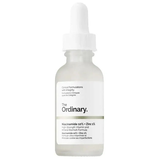 The Ordinary Niacinamide 10% Zinc 1% serum bottle with dropper for skincare