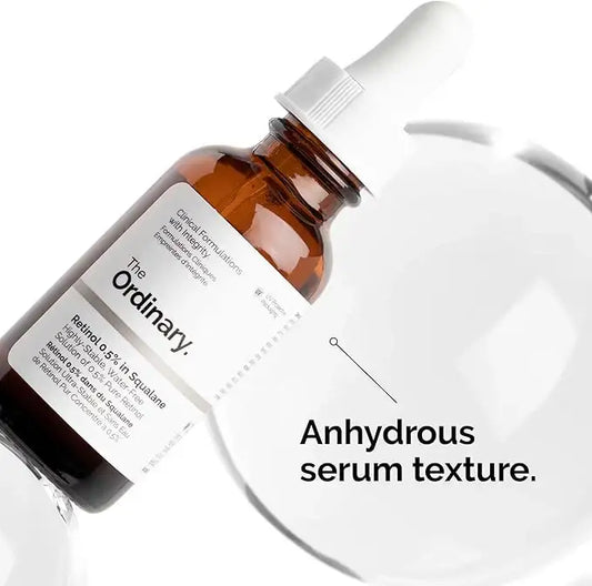 The Ordinary Retinol 0.5% in Squalane serum bottle with dropper and text about anhydrous texture