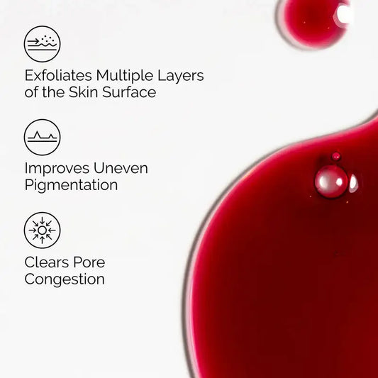 Red serum drops with text highlighting benefits: exfoliates, improves pigmentation, clears pores.