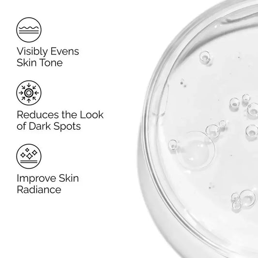 Clear skincare gel texture in petri dish with text highlighting benefits: evens skin tone, reduces dark spots, improves radiance.
