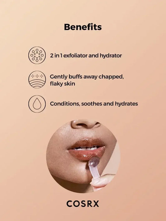 COSRX lip exfoliator and hydrator benefits guide with close-up of glossy lips being treated.