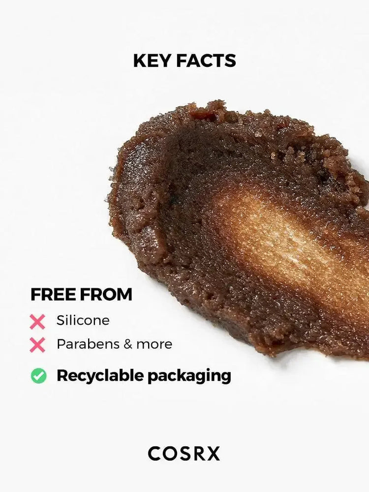 COSRX brown skincare scrub with key facts: silicone-free, paraben-free, recyclable packaging.