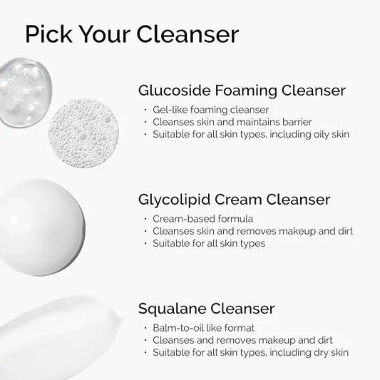 Infographic comparing Glucoside foaming cleanser, Glycolipid cream cleanser, and Squalane cleanser with text and product textures.