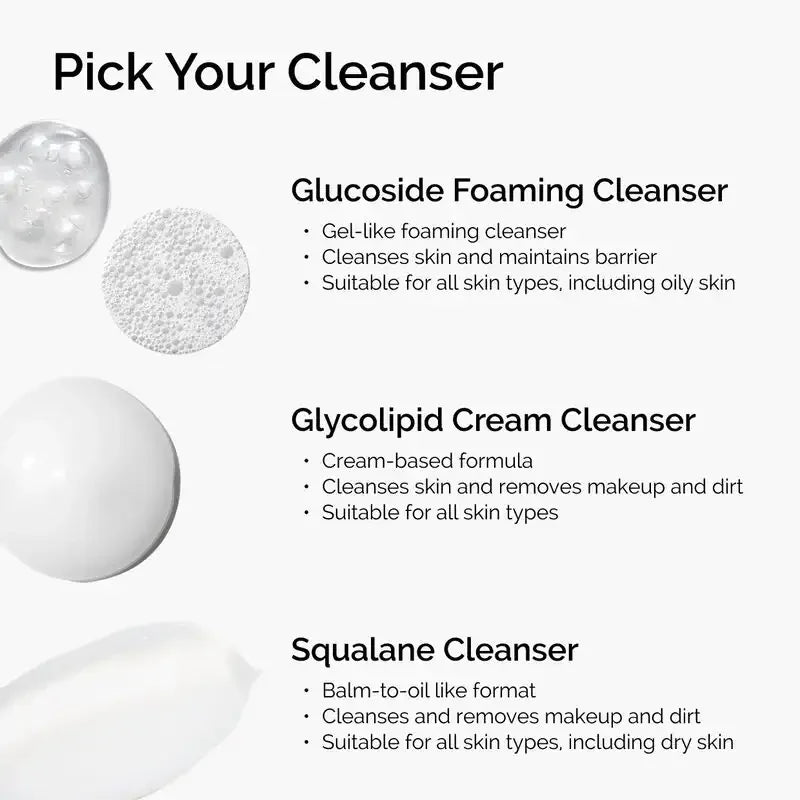 Comparison of glucoside foaming cleanser, glycolipid cream cleanser, and squalane cleanser with textures and benefits for different skin types.