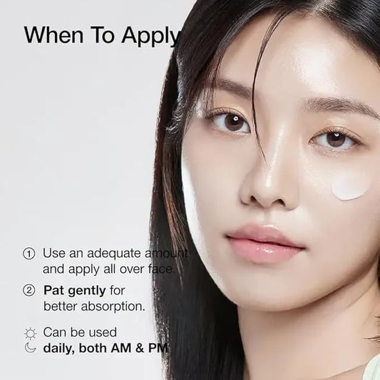 Woman applying skincare cream on face, close-up with product usage instructions