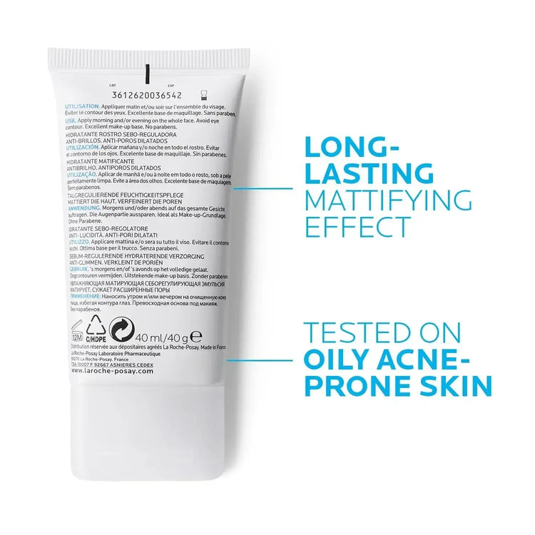Back of skincare cream tube highlighting long-lasting mattifying effect for oily acne-prone skin