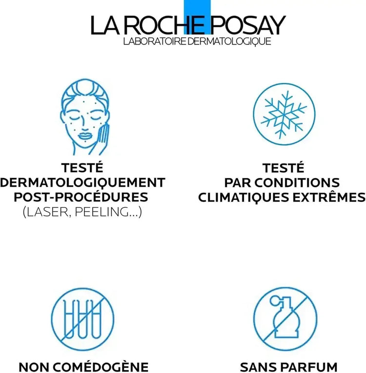 Skincare product claims: dermatologically tested, non-comedogenic, fragrance-free, suitable for extreme climates, La Roche-Posay logo.