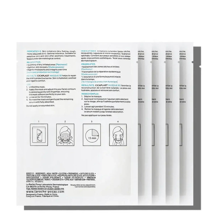 Stack of La Roche-Posay Cicaplast B5 face masks with usage instructions and ingredients on packaging