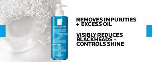 La Roche-Posay Effaclar cleanser bottle with foam, highlights oil control and blackhead reduction