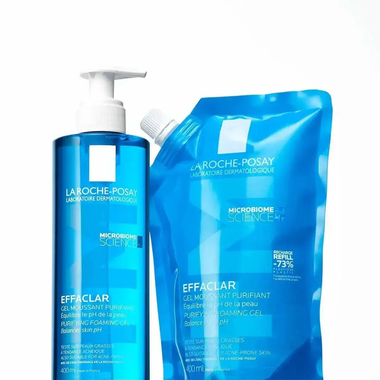 La Roche-Posay Effaclar Purifying Foaming Gel bottle and refill pouch for oily skin