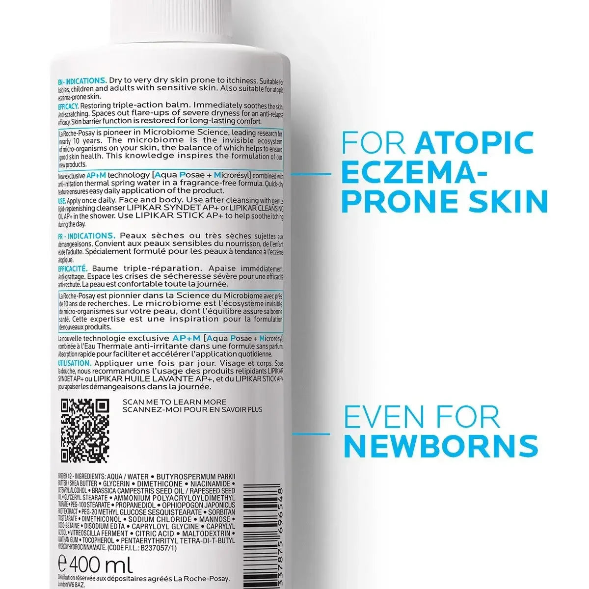 Body lotion with label showing skincare benefits for atopic eczema-prone and newborn skin