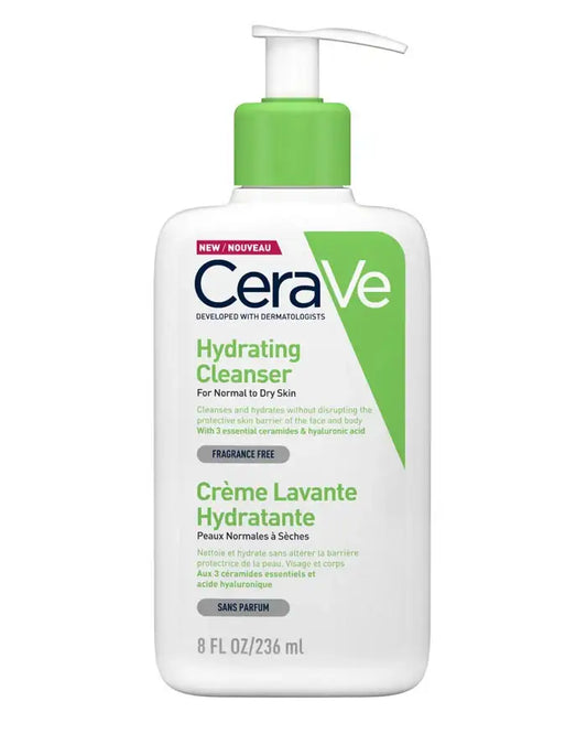 CeraVe Hydrating Cleanser 8 oz bottle with pump, for normal to dry skin, fragrance free.