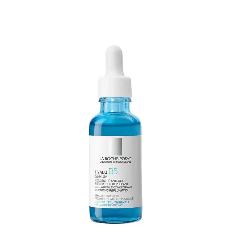 Blue glass bottle of La Roche-Posay Hyalu B5 Serum with white dropper, anti-wrinkle skincare