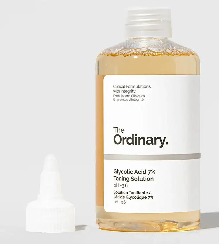 The Ordinary Glycolic Acid 7% Toning Solution skincare bottle with open cap, light background