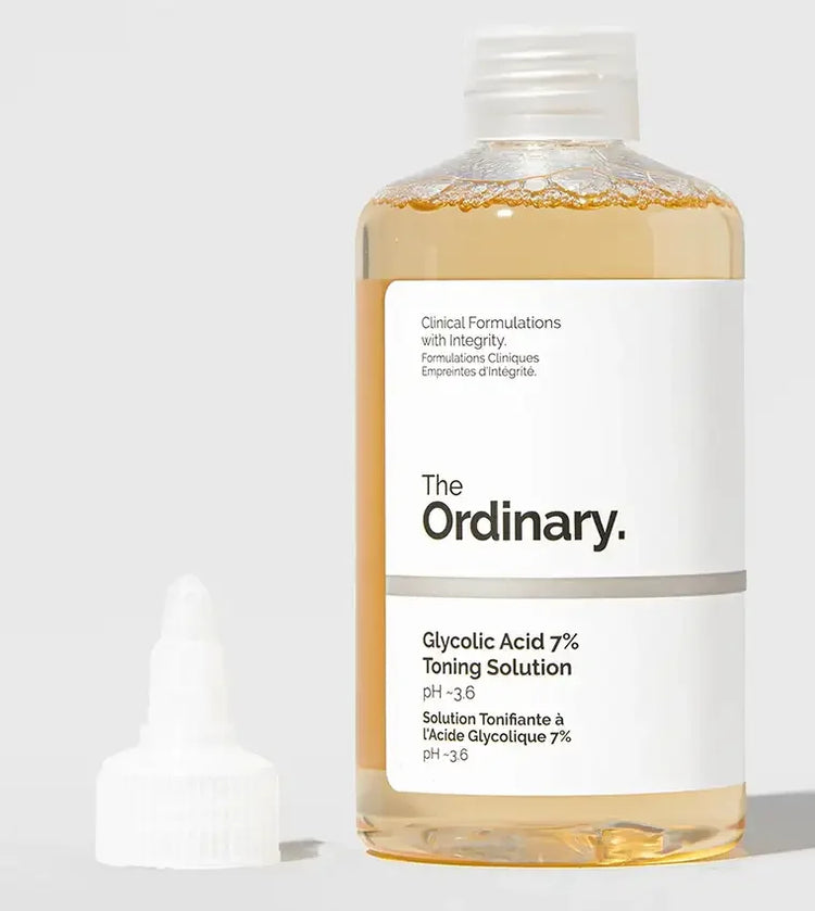 The Ordinary Glycolic Acid 7% Toning Solution skincare bottle with open cap, light background