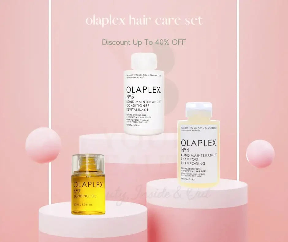 Olaplex hair care set featuring No.5 conditioner, No.4 shampoo, and No.7 bonding oil on pink display