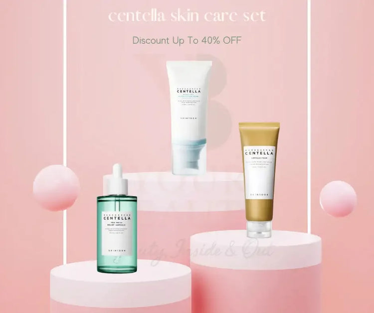 Centella skin care set with serum, cleanser, and foam displayed on pink background, up to 40% off