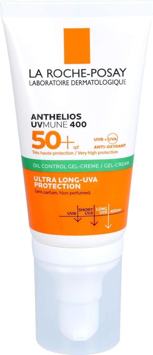 La Roche-Posay Anthelios UV Mune 400 Oil Control Gel Creme with SPF 50+ and long UVA protection, 50 ml tube.