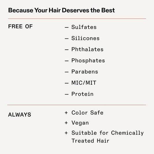 Hair care product features list, highlighting sulfate-free, silicone-free, vegan, color safe.