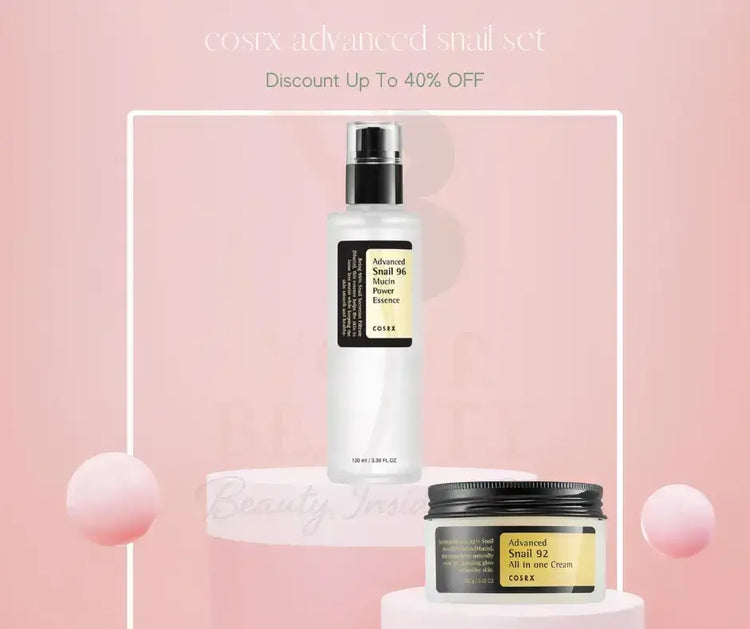 COSRX Advanced Snail 96 Mucin Power Essence and Snail 92 All in One Cream set on pink background
