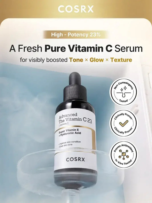 COSRX Advanced Vitamin C23 serum bottle with dropper, featured benefits and clinical claims.