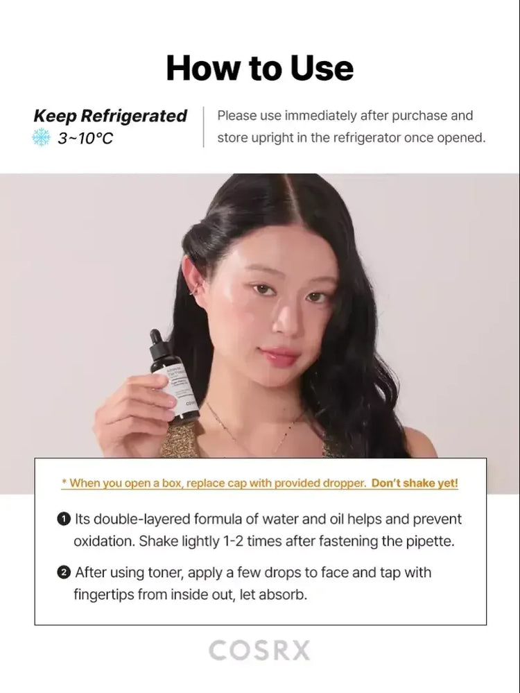 Woman holding COSRX skincare serum bottle, instructions for use and refrigeration shown.