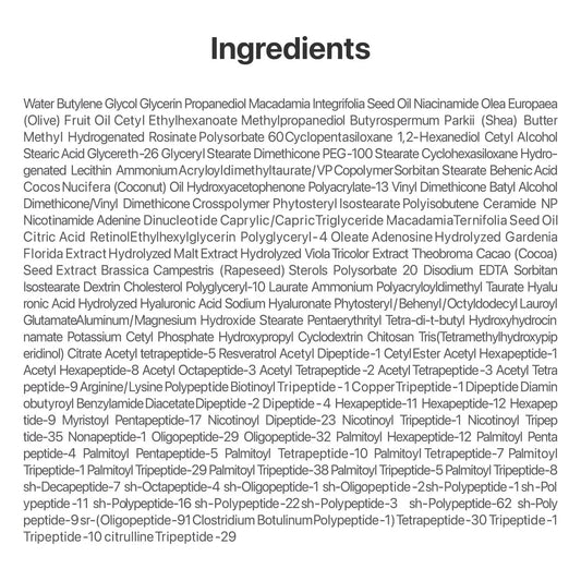 Skincare product ingredients list with hyaluronic acid, peptides, botanical extracts