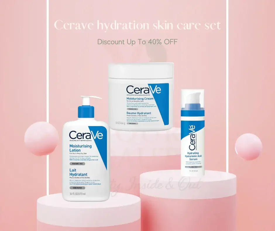 CeraVe hydration skin care set with moisturising lotion, cream, and hyaluronic acid serum on pink display