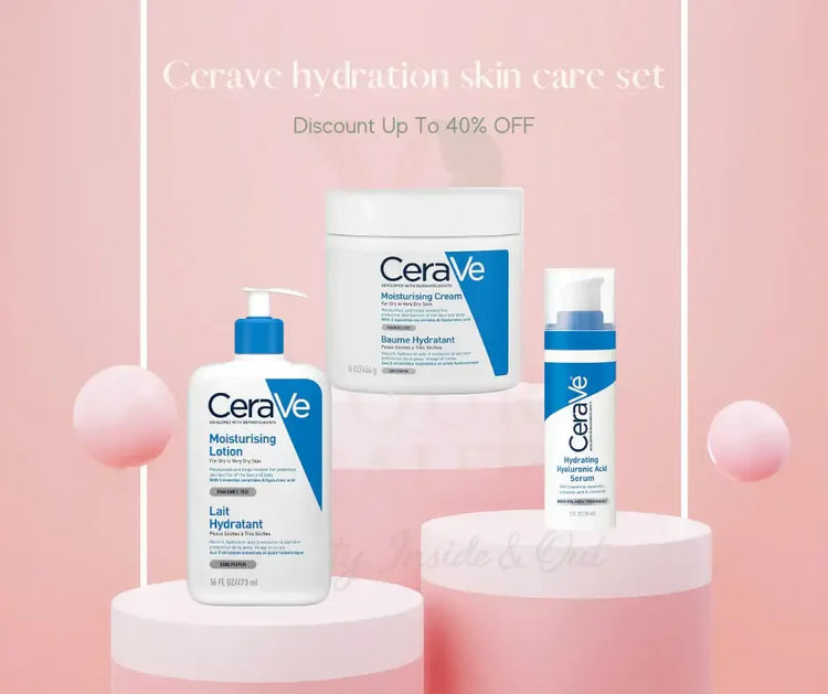 CeraVe hydration skin care set with moisturising lotion, cream, and hyaluronic acid serum on pink display