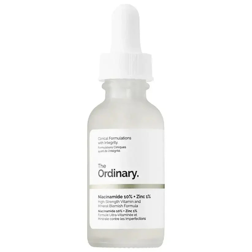 The Ordinary Niacinamide 10% + Zinc 1% serum bottle with dropper, skincare product