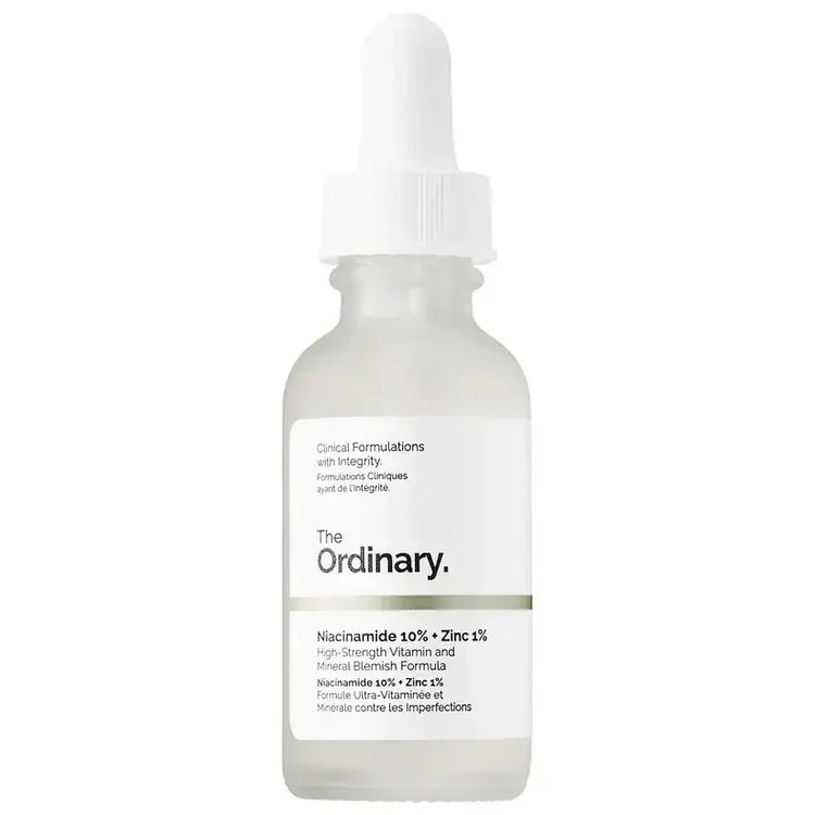 The Ordinary Niacinamide 10% + Zinc 1% serum bottle with dropper, skincare product