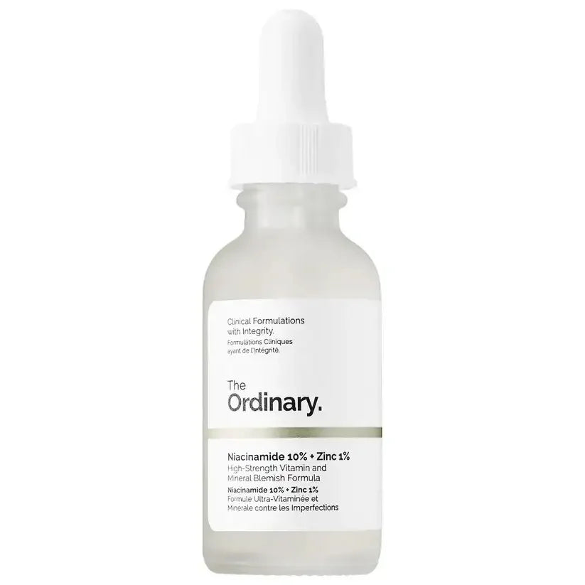 The Ordinary Niacinamide 10% Zinc 1% serum bottle with dropper for skincare