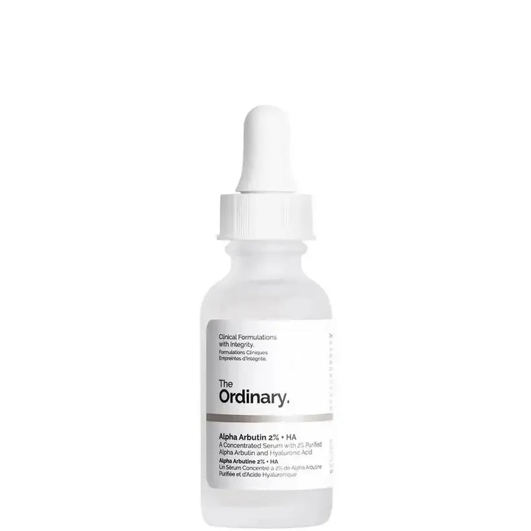 The Ordinary Alpha Arbutin 2% + HA serum bottle with dropper, clear skincare product