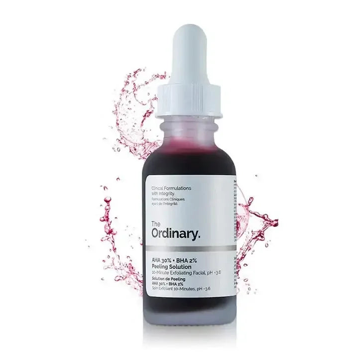 The Ordinary AHA 30% + BHA 2% Peeling Solution skincare serum bottle with red liquid splash.