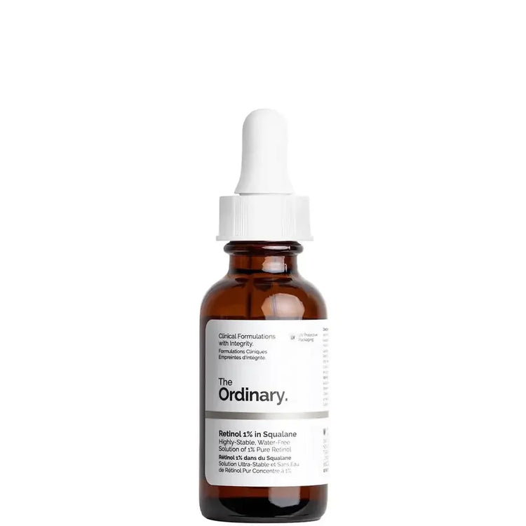 The Ordinary Retinol 1% in Squalane serum in amber dropper bottle on white background