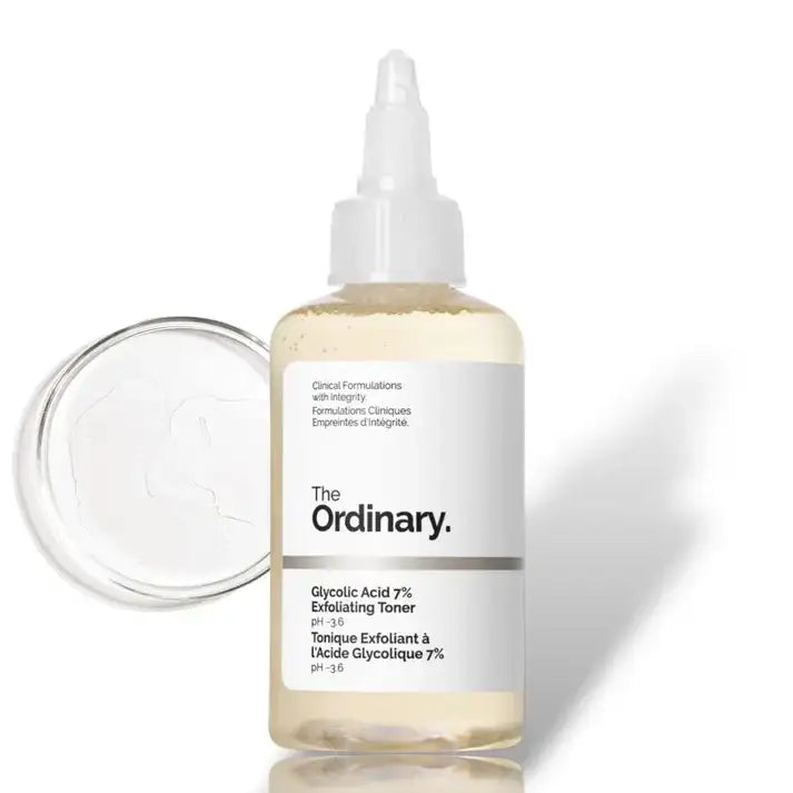 The Ordinary Glycolic Acid 7% Exfoliating Toner bottle with clear liquid and cap
