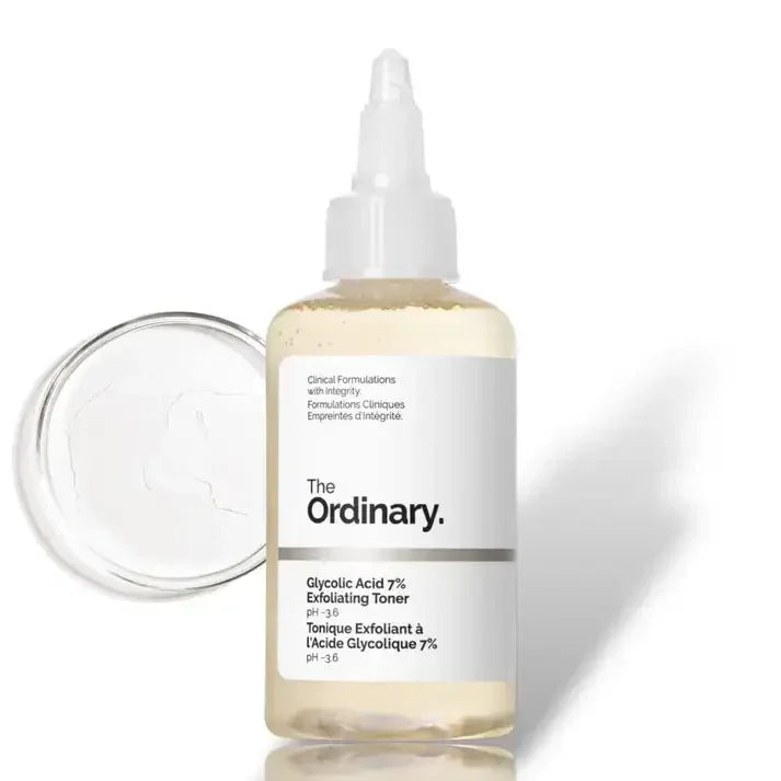 The Ordinary Glycolic Acid 7% Exfoliating Toner clear plastic bottle with white label