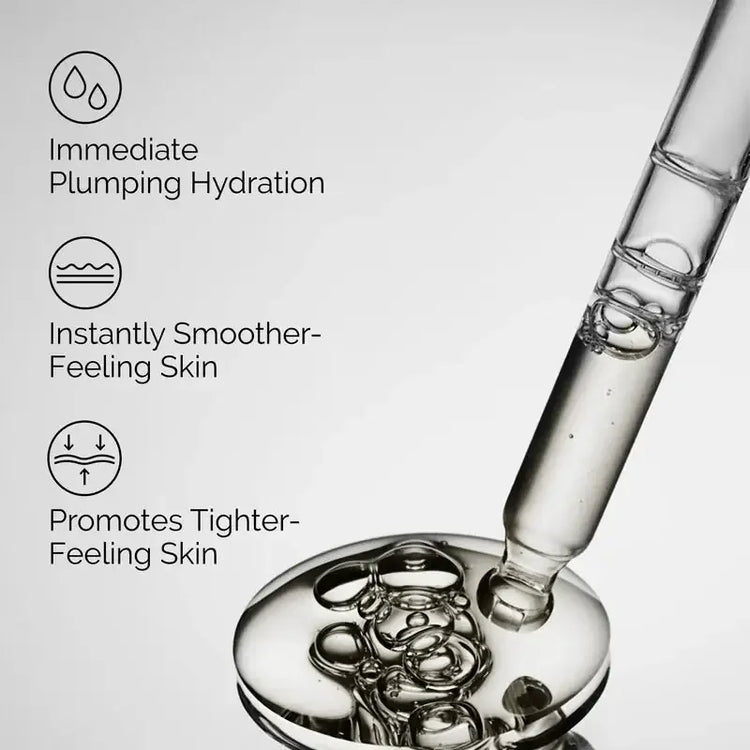 Clear serum dropper with benefits text: hydration, smoother skin, tighter skin, skincare product