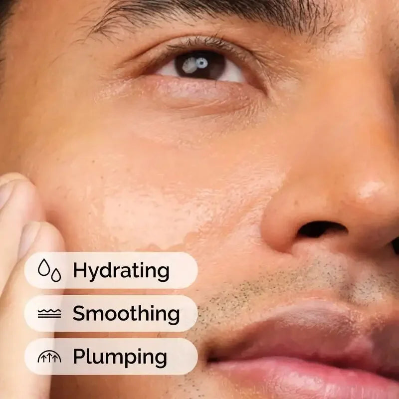 Close-up of hydrated, smooth, plump skin on a man's face showing skincare benefits