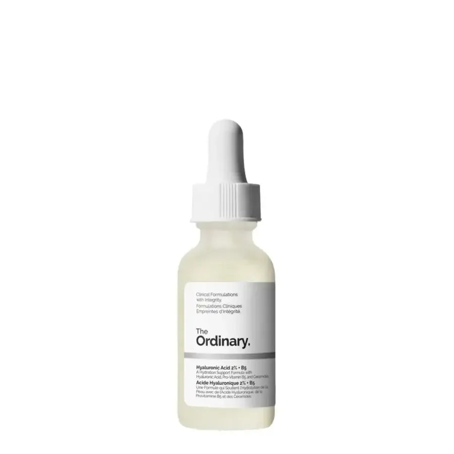 The Ordinary hyaluronic acid serum in clear glass dropper bottle on white background