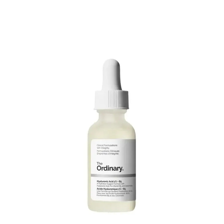 The Ordinary hyaluronic acid serum in clear glass dropper bottle on white background