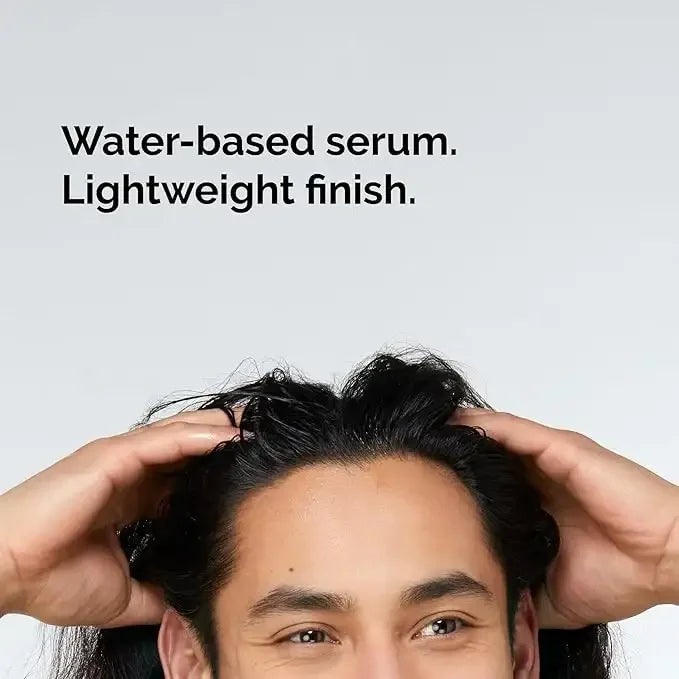 Man applying water-based serum to scalp, text reads lightweight finish, haircare routine.