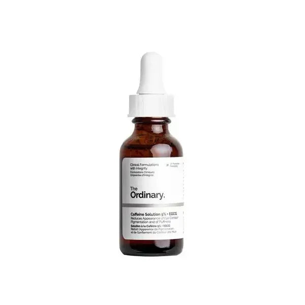 The Ordinary Caffeine Solution 5% serum in amber glass dropper bottle for skincare