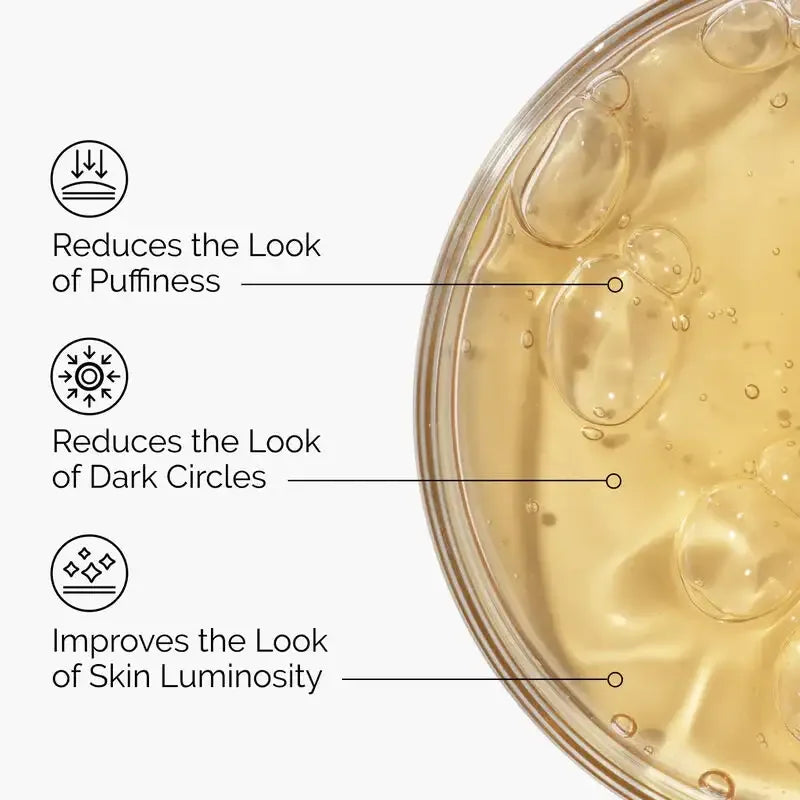 Hydrating skincare gel texture with bubbles and benefits for puffiness, dark circles, luminosity