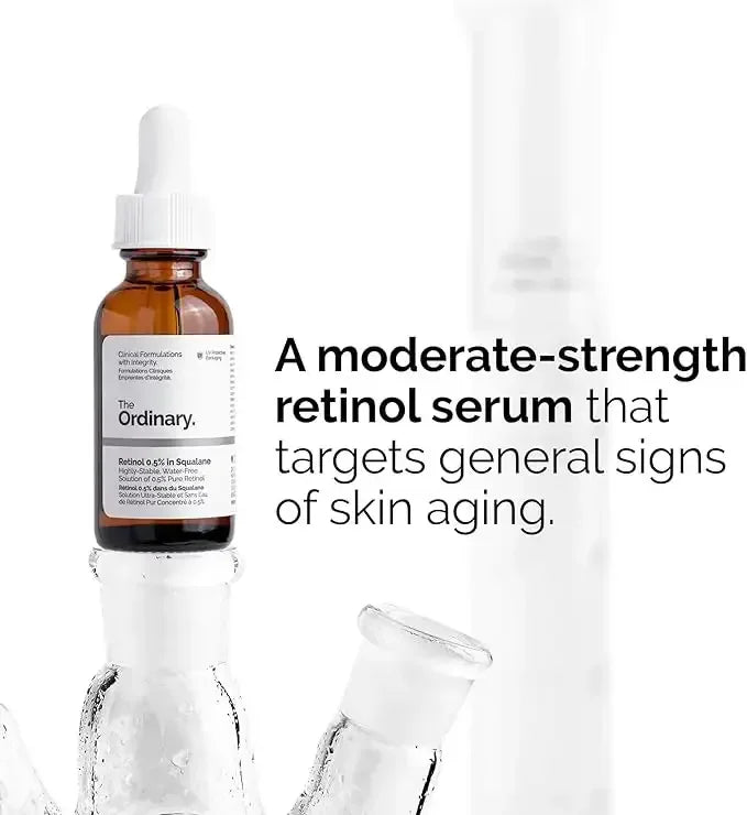 The Ordinary retinol 0.5% serum bottle for skincare, anti-aging and skin renewal.