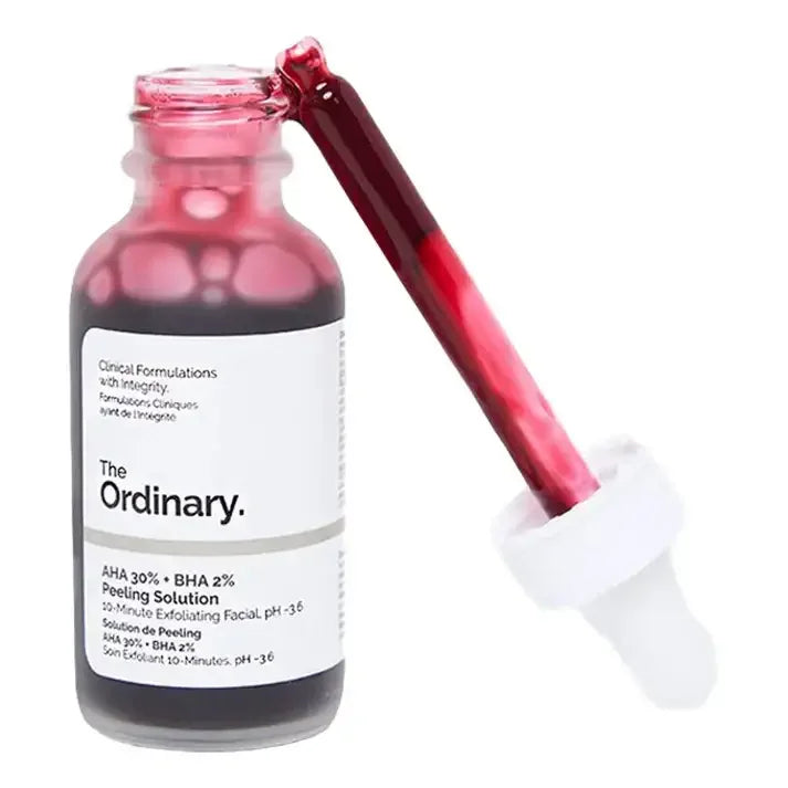 The Ordinary AHA 30% BHA 2% Peeling Solution bottle with dropper and red serum