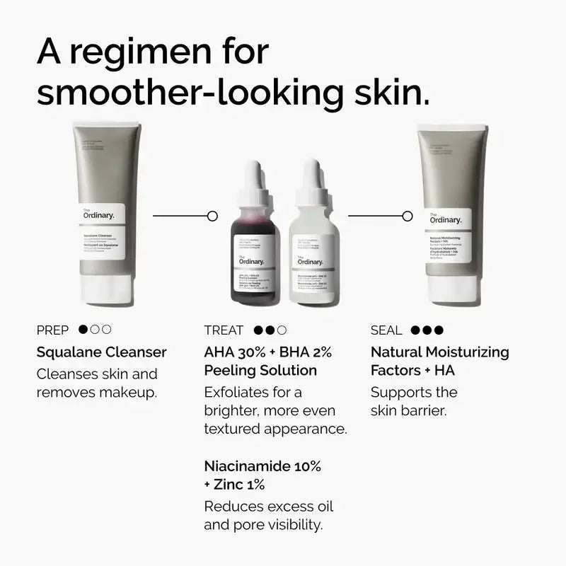 The Ordinary skincare routine with Squalane Cleanser, AHA BHA Peeling Solution, Niacinamide, and Natural Moisturizing Factors products for smoother skin.