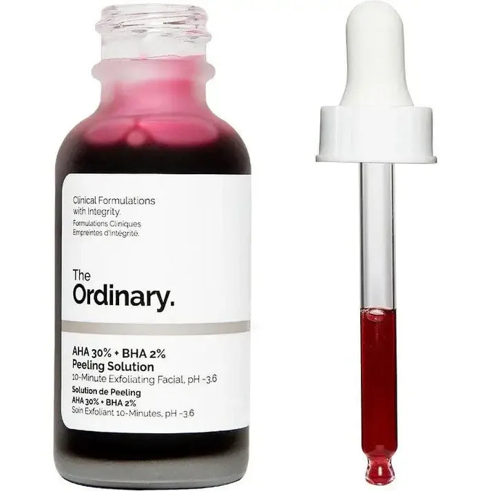 The Ordinary AHA 30% + BHA 2% Peeling Solution bottle with dropper, exfoliating serum