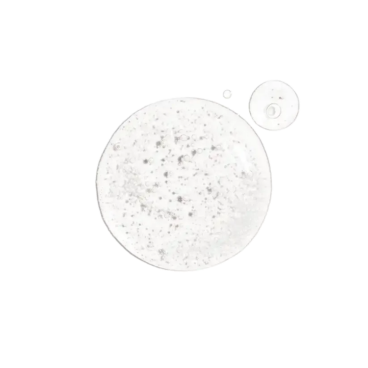 Clear skincare serum or gel texture with visible bubbles and particles on a white background